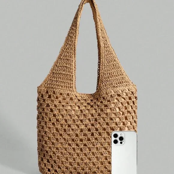 Hollow Straw Wovan Shoulder Bag Large Brown - Picture 2 of 5